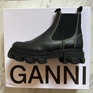 NWT GANNI Cleated Chelsea ankle boot with yellow stitching. Never worn!